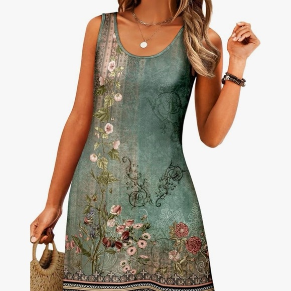 Dresses & Skirts - Floral Green Sleeveless Dress. Gorgeous. NEW With Tags!